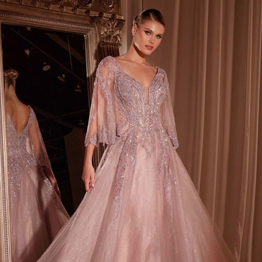 NEW FORMAL LONG TULLE BALL GOWN W/ 3/4 BELL SLEEVES & LACE EMBROIDERY CD784